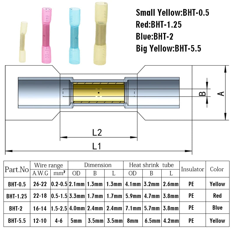 Heat Shrink Butt Wire Connectors AWG 16-14 1.5-2.5mm2 Blue Waterproof Insulated Automobile Wire Cable Terminals