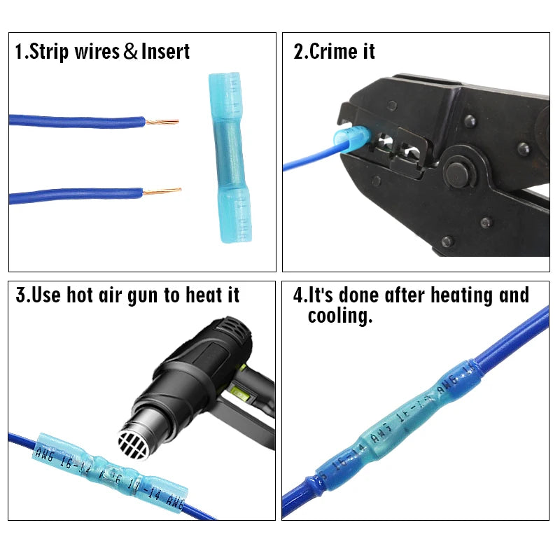 Heat Shrink Butt Wire Connectors AWG 16-14 1.5-2.5mm2 Blue Waterproof Insulated Automobile Wire Cable Terminals