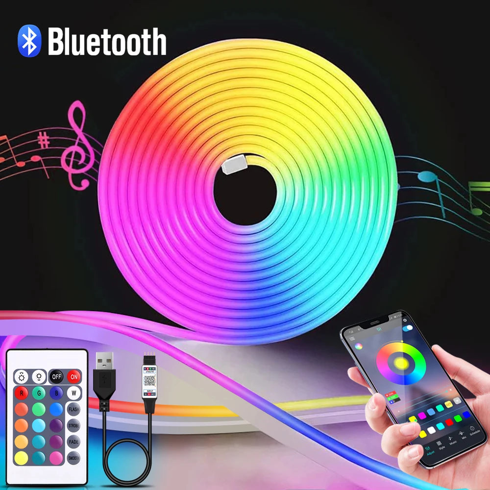 DC5V RGB Neon LED Strip Bluetooth App with 24key Remote Waterproof Neon Strip Light RGB Strip for TV Home Outdoor Decor Lighting