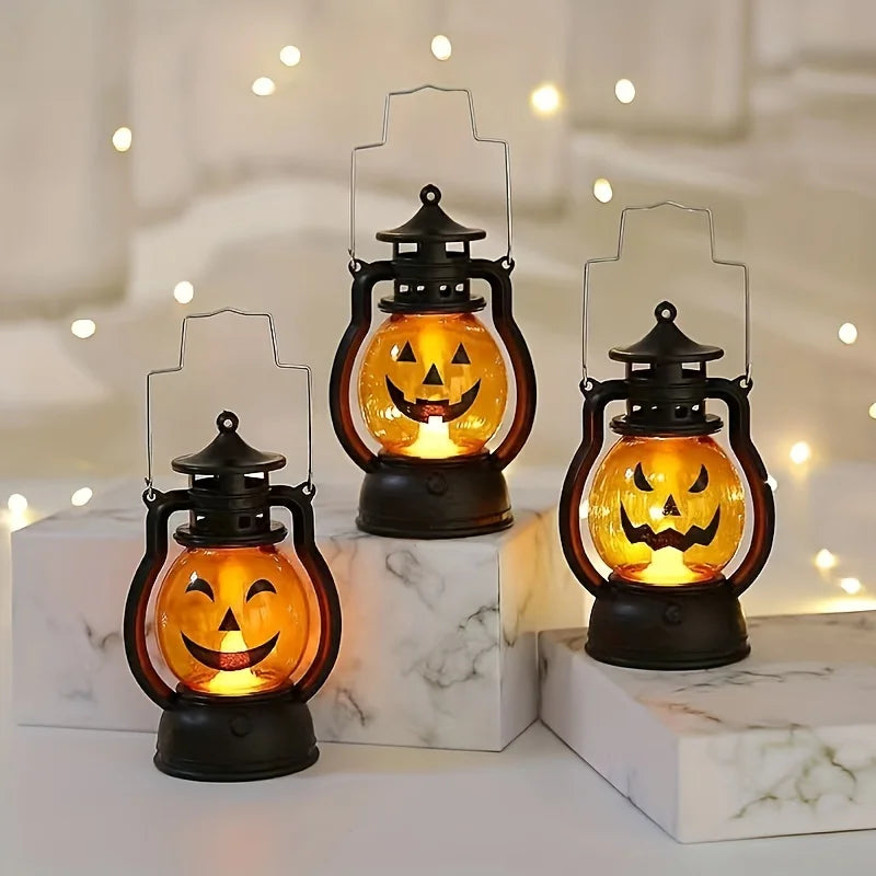 Halloween Hanging Pumpkin Lantern Light LED Ghost Lamp Candle Light Retro Small Oil Lamp Halloween Party Home Decor Horror Props