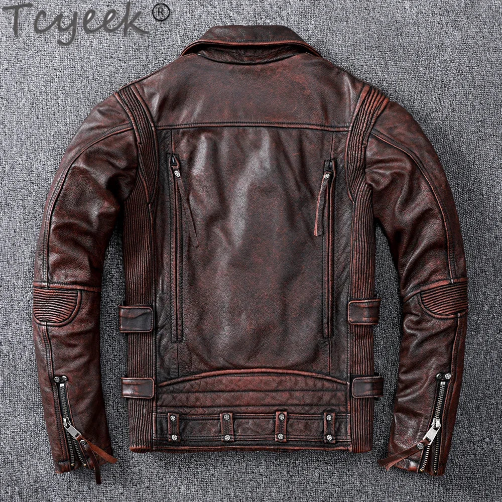 Tcyeek Streetwear Natural Real Cow Leather Coat Men Clothes 2024 Motorcycle 100% Genuine Leather Jacket Man Hommes Veste 1928