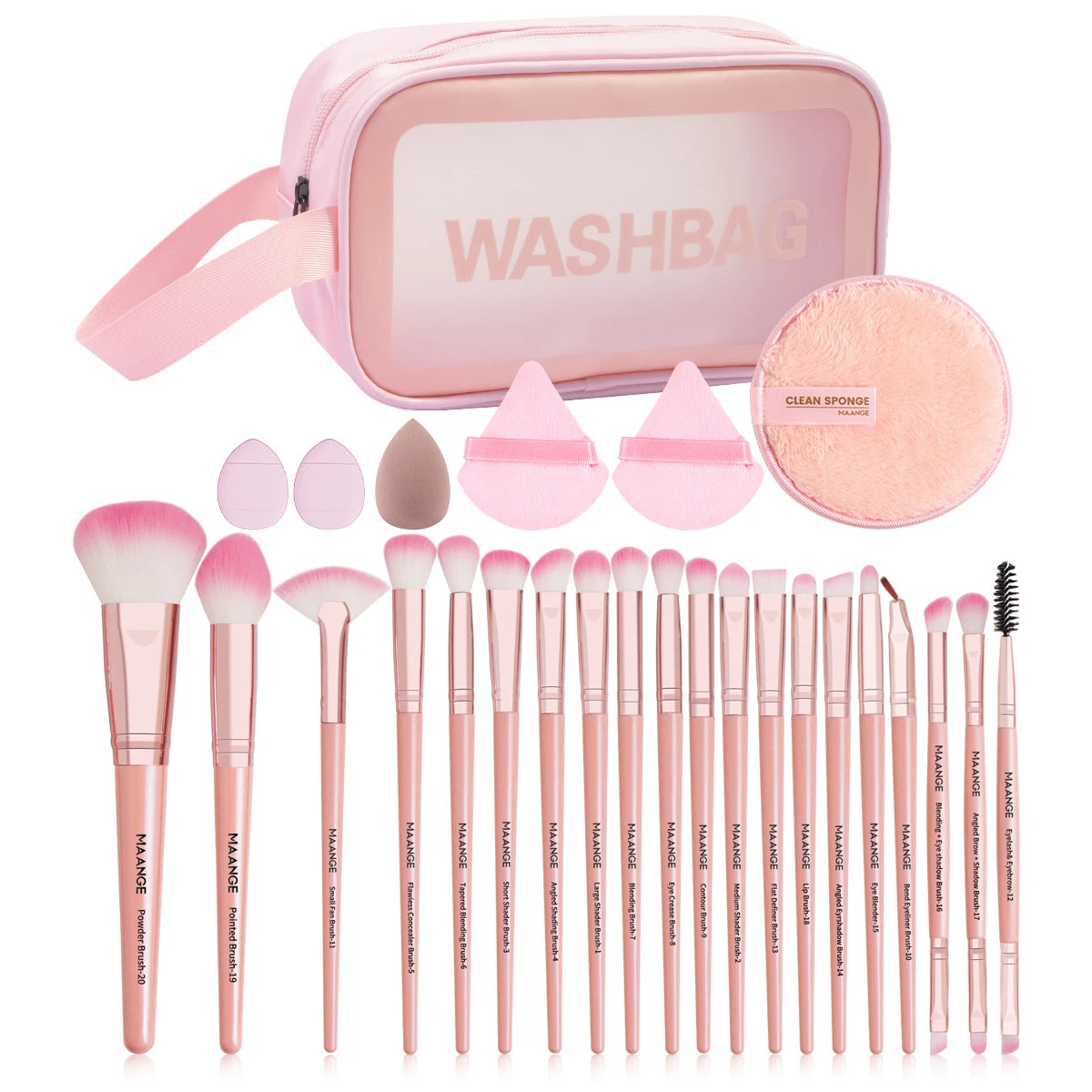 MAANGE 27pcs Makeup Tools Kit 20pcs Foundation Contour Blush Brush Set with Triangle Powder Puff Makeup Remover Puff Travel Bag