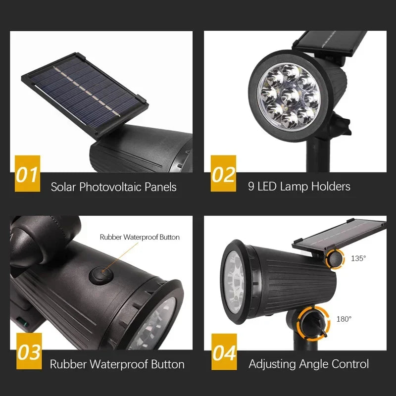 9 LED Solar Spotlights Outdoor IP65 Waterproof Brightness Adjustable Spot Light Garden Backyard Driveway Patio Decor Lamp