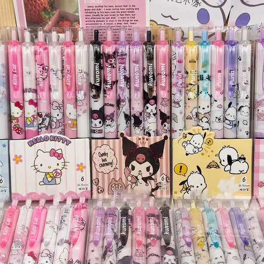 6pcs Cartoon Kuromi Writing Pen Kawaii Hello Kitty Cinnamoroll Melody 0.5mm Quick Drying ST Gel Pen Student School Stationery