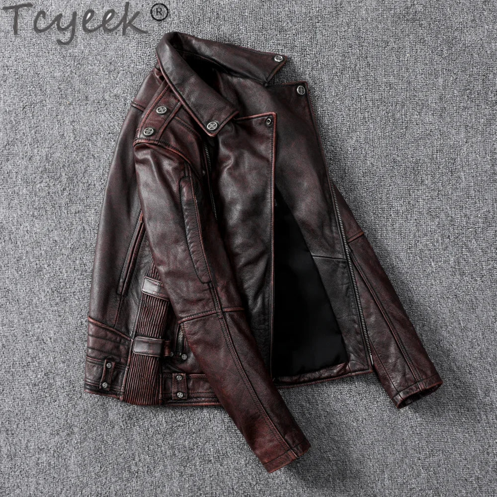 Tcyeek Streetwear Natural Real Cow Leather Coat Men Clothes 2024 Motorcycle 100% Genuine Leather Jacket Man Hommes Veste 1928