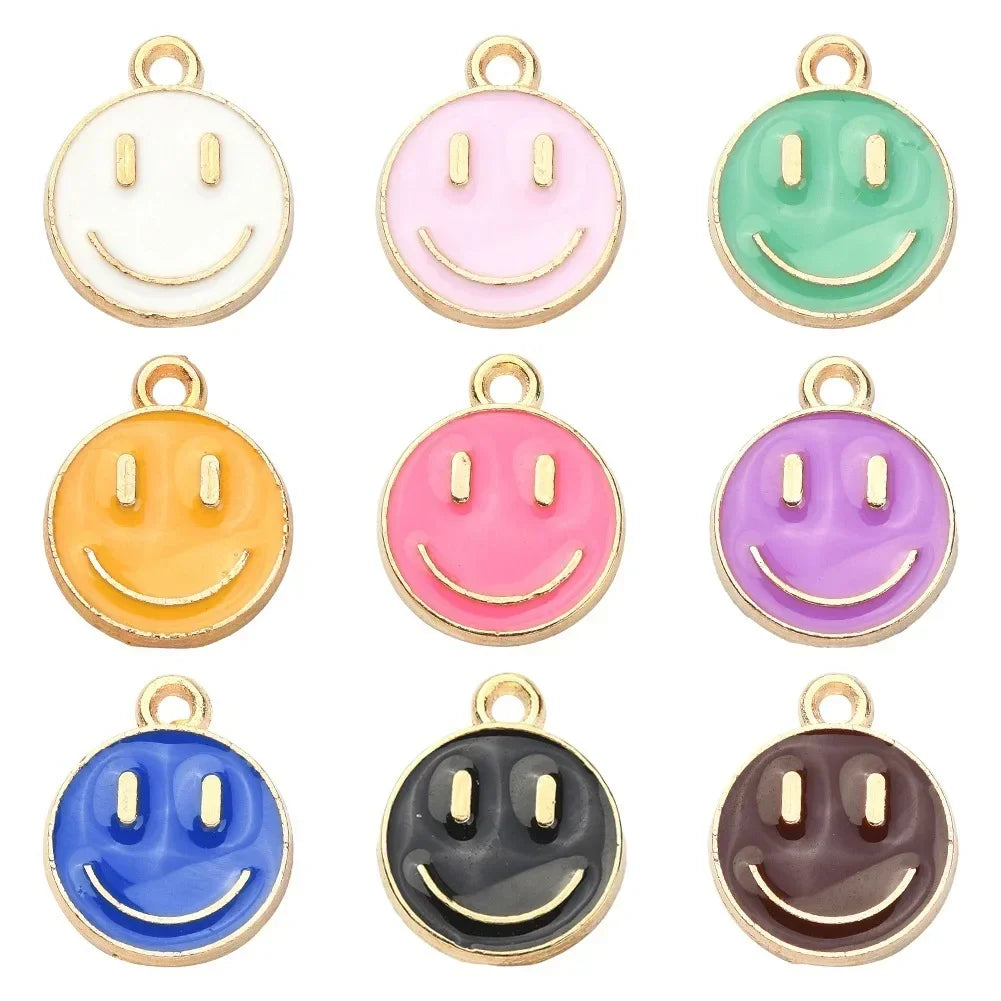 10Pcs/Lot Round Enamel Smiling Face Pendant Charms for Necklace Earring Bracelet Making DIY Jewelry Accessory Finding