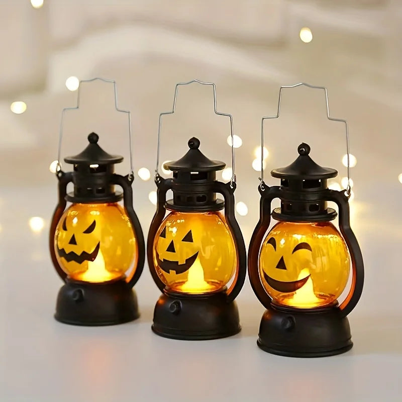 Halloween Hanging Pumpkin Lantern Light LED Ghost Lamp Candle Light Retro Small Oil Lamp Halloween Party Home Decor Horror Props