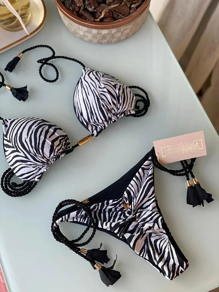 OIINAA Swimwear Women Sexy Zebra Striped Bathing Suit Leopard Printed Bikini Set Tie Dye Two-piece Drawstring Beachwear Biquinis