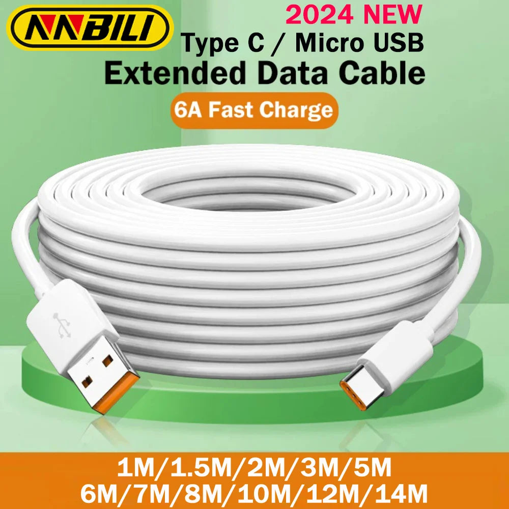 NNBILI 2024 NEW 6A 1M-14M Extra Long Micro/Type C USB Fast Data Cable for Xiaomi Huawei PS4/5 Camera VR Android Phone Universal