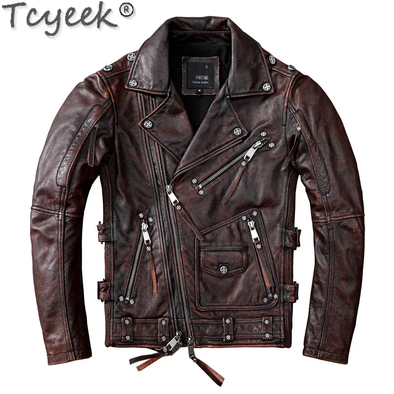 Tcyeek Streetwear Natural Real Cow Leather Coat Men Clothes 2024 Motorcycle 100% Genuine Leather Jacket Man Hommes Veste 1928