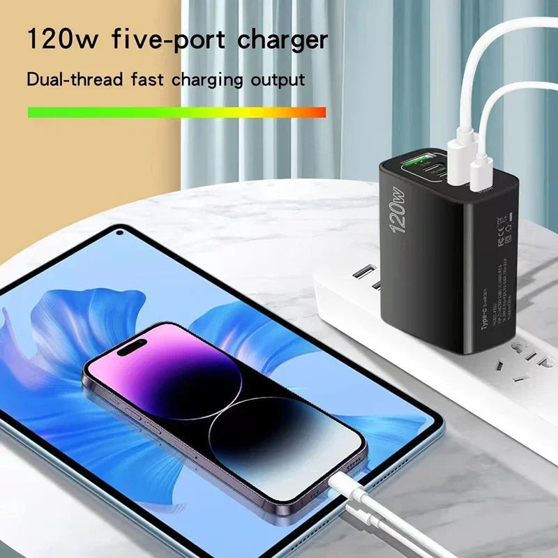 Xiaomi 120W Fast Charging Multi 5 Ports USB C PD Interface Charger Quick Charge Phone Charger Adapter For iPhone Xiaomi Samsung