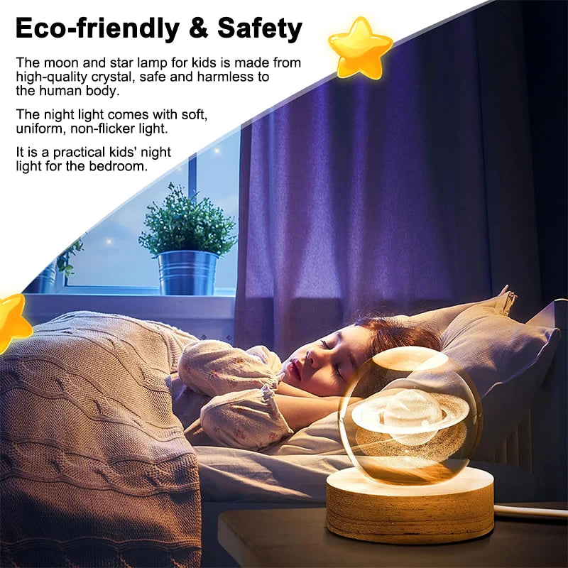 Luminous Crystal Ball LED Night Light Saturn Solar System 3D Moon Table Lamp USB Bedroom Atmosphere Lamp for Birthday Kid Gift