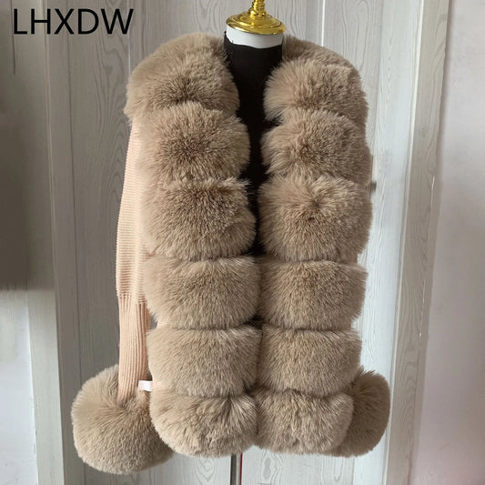 Women Faux Fur Knit Sweater cardigan Spring Autumn elegant Knitted sweater with faux fox fur collar Ladies Fashion Coat fur coat