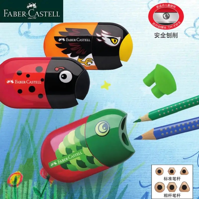 1Pc Faber Castell Double Hole Pencil Sharpener with Eraser Ladybug / Fish / Eagle Cute Stationery Back To School