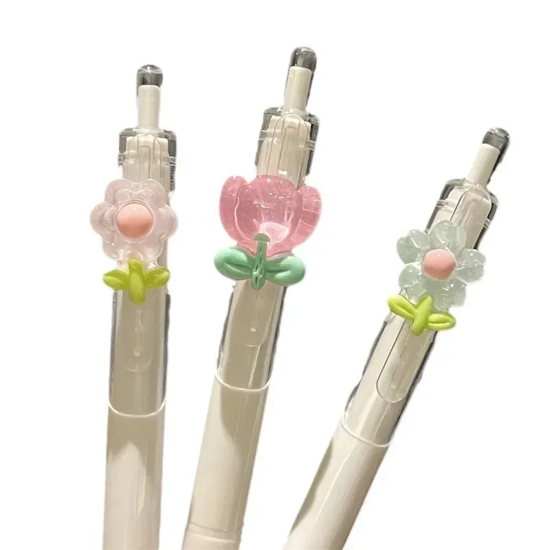 New 2PCS Cute Flower Gel Pens Quick-Drying Black Ink Aesthetic Kawaii Flower Gel Pen 0.5mm ST Tip Writting Pen Random Color