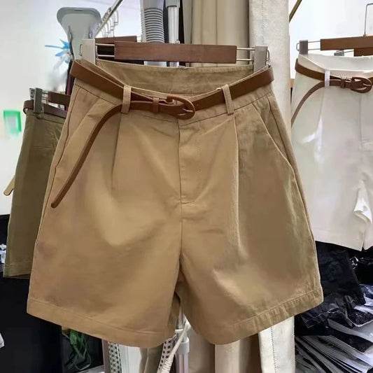 Cotton Shorts for Women Summer New Korean Fashion Loose Casual Wide Leg Short with Belt Female Solid White Women's Short Pants