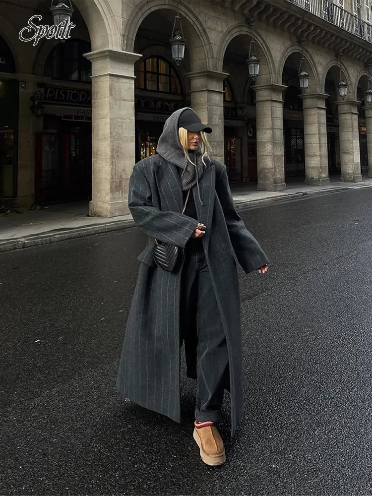 Women Dark Grey Stripe Wool Blends Overcoat Fashion Lapel Long Sleeve Loose Long Jacket Autumn Winter Lady New Street Outerwears