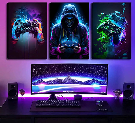 3PCS Cool Gaming Wall Art Retro Video Game watercolor Posters Pictures Colorful Neon Gamepad Canvas Painting Prints