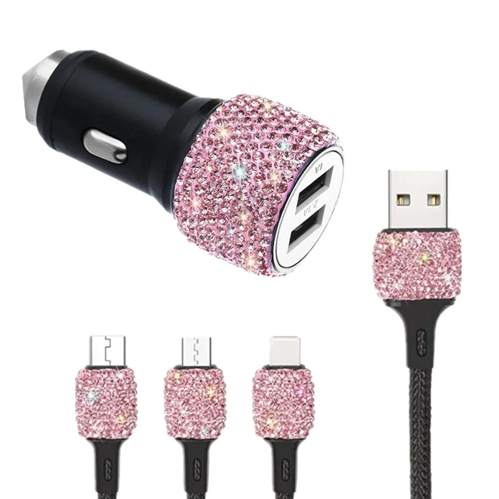 New Bling USB Car Charger 5V 2.1A Dual Port Fast Adapter Pink Car Decor Car Styling Diamond Car Accessories Interior for Woman