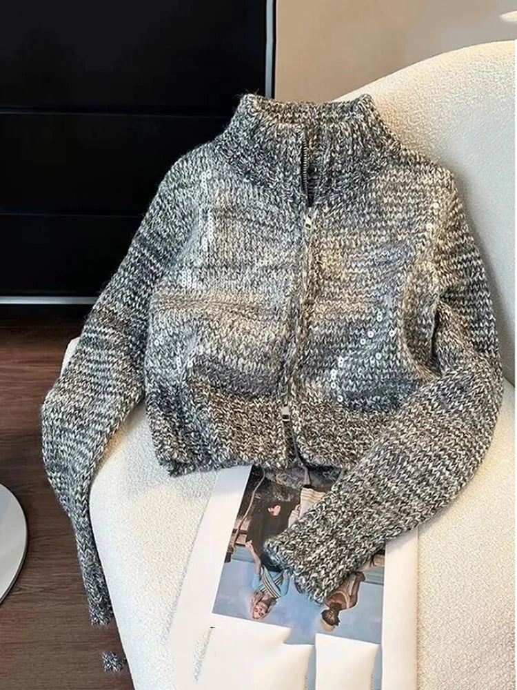 Winter Autumn Turtleneck Sequined Jacket Thick Knit Cardigan Coat for Women's New Style High-Quality Zipper Sweater Top