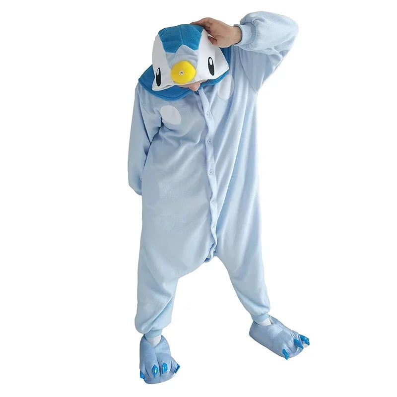 TAKARA TOMY Pokemon Piplup Kigurumi Onesies Pajamas Cosplay Costume Halloween Women Christmas Fleece Anime Penguin Sleepwear