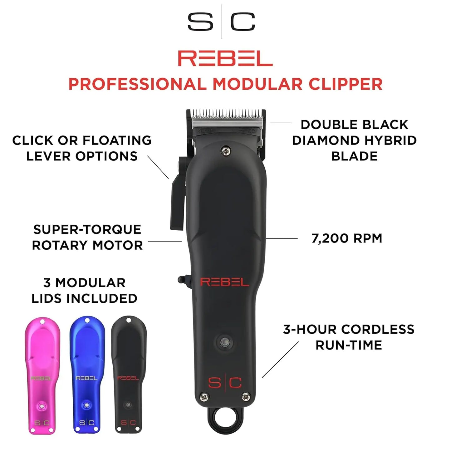 Stylecraft Rebel Professional Super-Torque Cordless Hair Clipper (Modular Lids: Pink, Blue, Black Included), Black Diamond