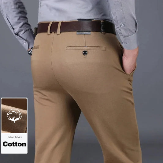 98% Cotton Classic Men's Brown Business Straight Casual Pants Solid Stretch High Waist Office Trousers Male Brand Black Khaki