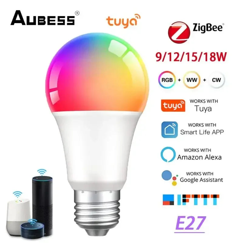 Tuya Smart Bulb Zigbee 9/12/15/18W Wireless App Timing LED Lights RGBW E27 Lamp 2700k-6500K Voice Control Via Alexa Google Home