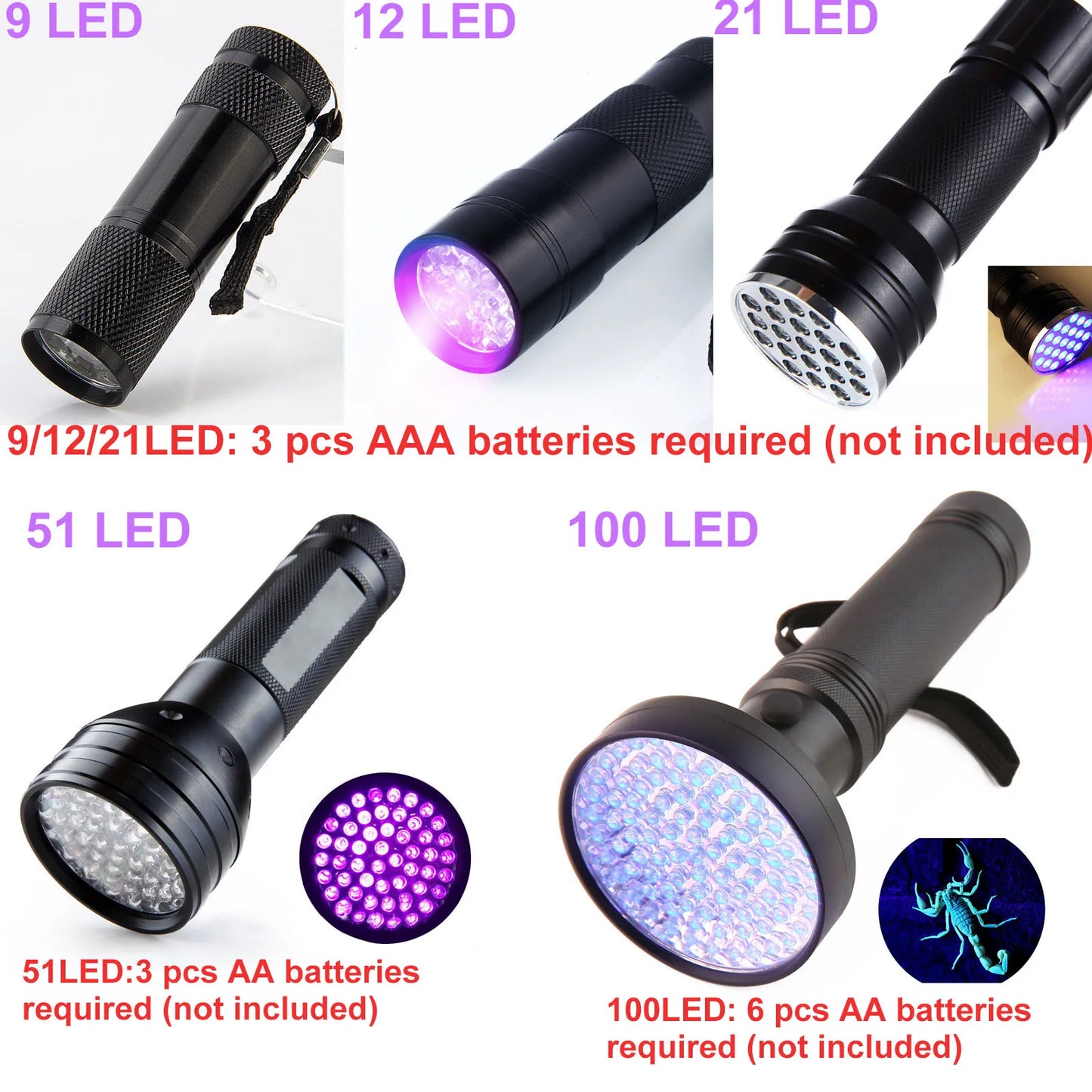 100 LED Ultraviolet Light Flashlight Black Outdoor Waterproof Aluminum Dryer Curing Lamp Torch Money/Urine Stain Detector