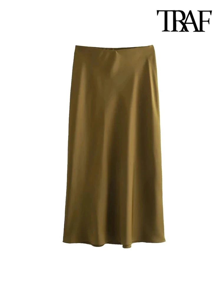 TRAF-Women's Flowing Satin Midi Skirt, High Waist With Elastic Waistband, Female Skirts, Chic Fashion