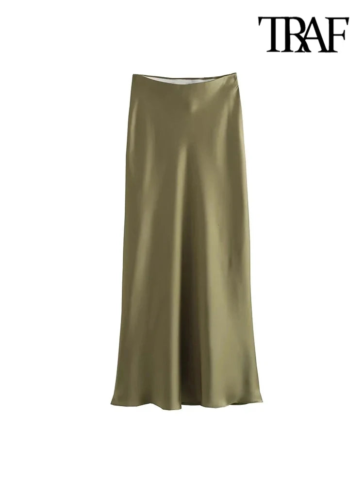 TRAF-Women's Flowing Satin Midi Skirt, High Waist With Elastic Waistband, Female Skirts, Chic Fashion