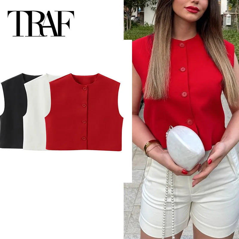 TRAF Red Sleeveless Vest Woman Button Black White Cropped Vest Women Summer Casual Short Coats Waistcoat Women's Fashion Vests