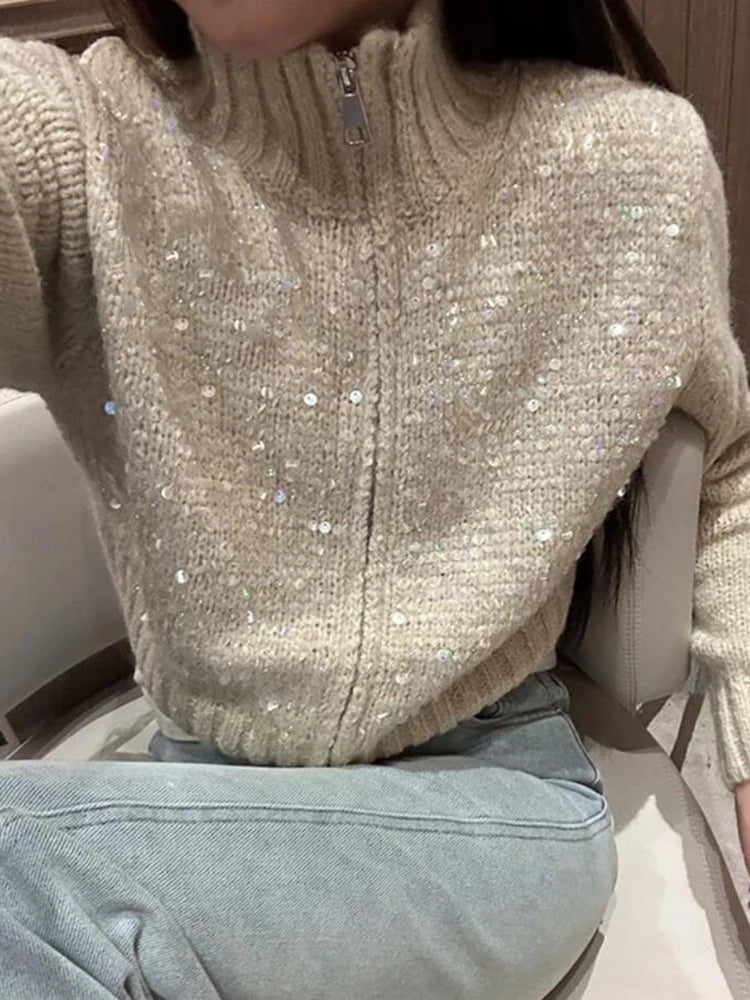 Winter Autumn Turtleneck Sequined Jacket Thick Knit Cardigan Coat for Women's New Style High-Quality Zipper Sweater Top