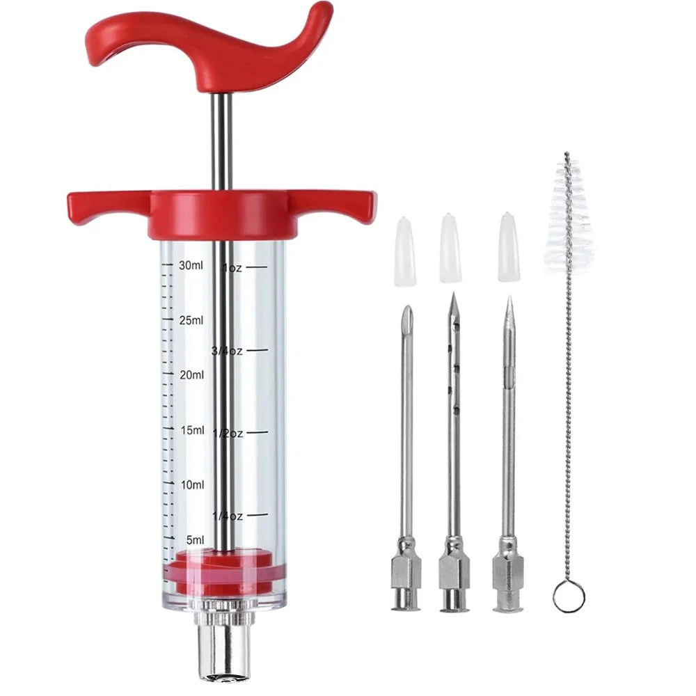 Turkey Injector Syringe - 3 Marinade Injector Needles, 1oz Meat Injector Syringe with Cleaning Brush, Easy to Use & Clean