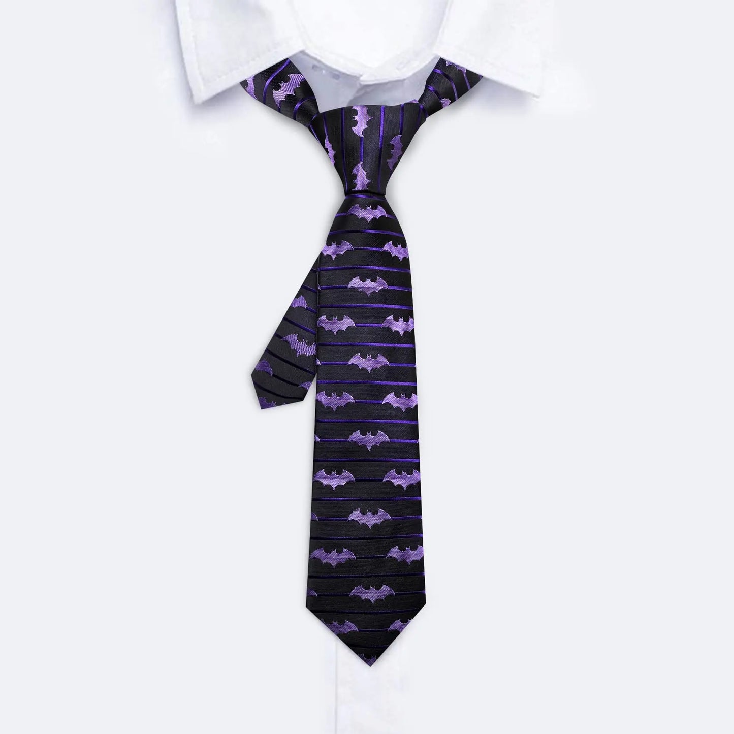 Barry.Wang Purple Silk Bat Tie For Men Novelty Animal Black Stripe Ncektie Pocket Square Cufflinks Set Wedding Party FA-6210