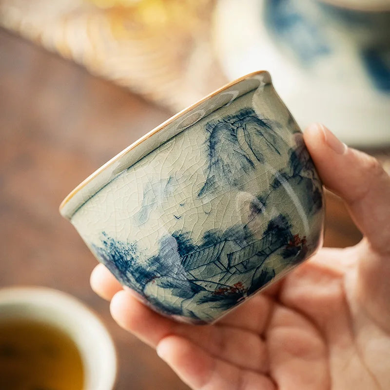 Hand Painted Cup Chinese Antique Landscape Pottery Jingdezheng Cups The Ancients Tea Cup Set Teaware Boat Mugs For Tea Ceremony