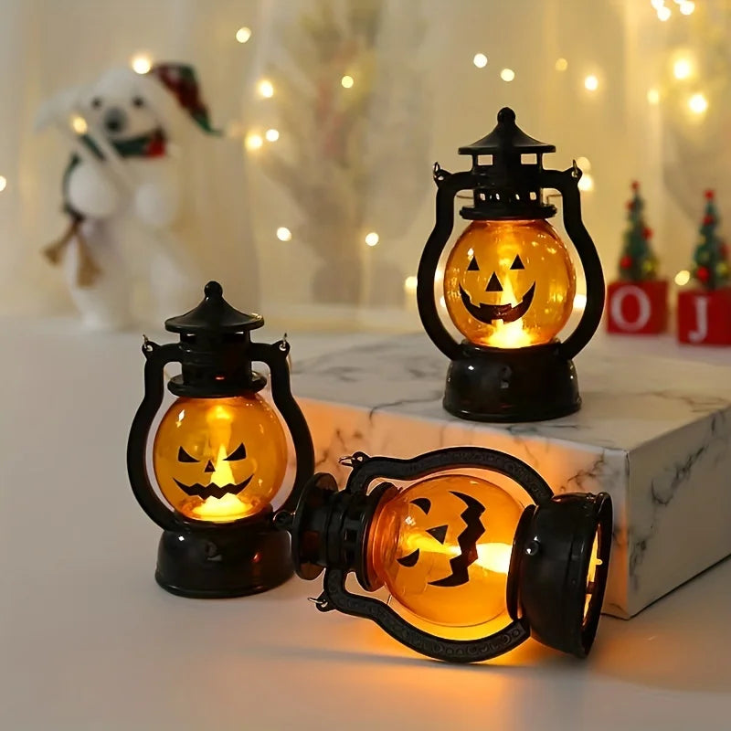 Halloween Hanging Pumpkin Lantern Light LED Ghost Lamp Candle Light Retro Small Oil Lamp Halloween Party Home Decor Horror Props