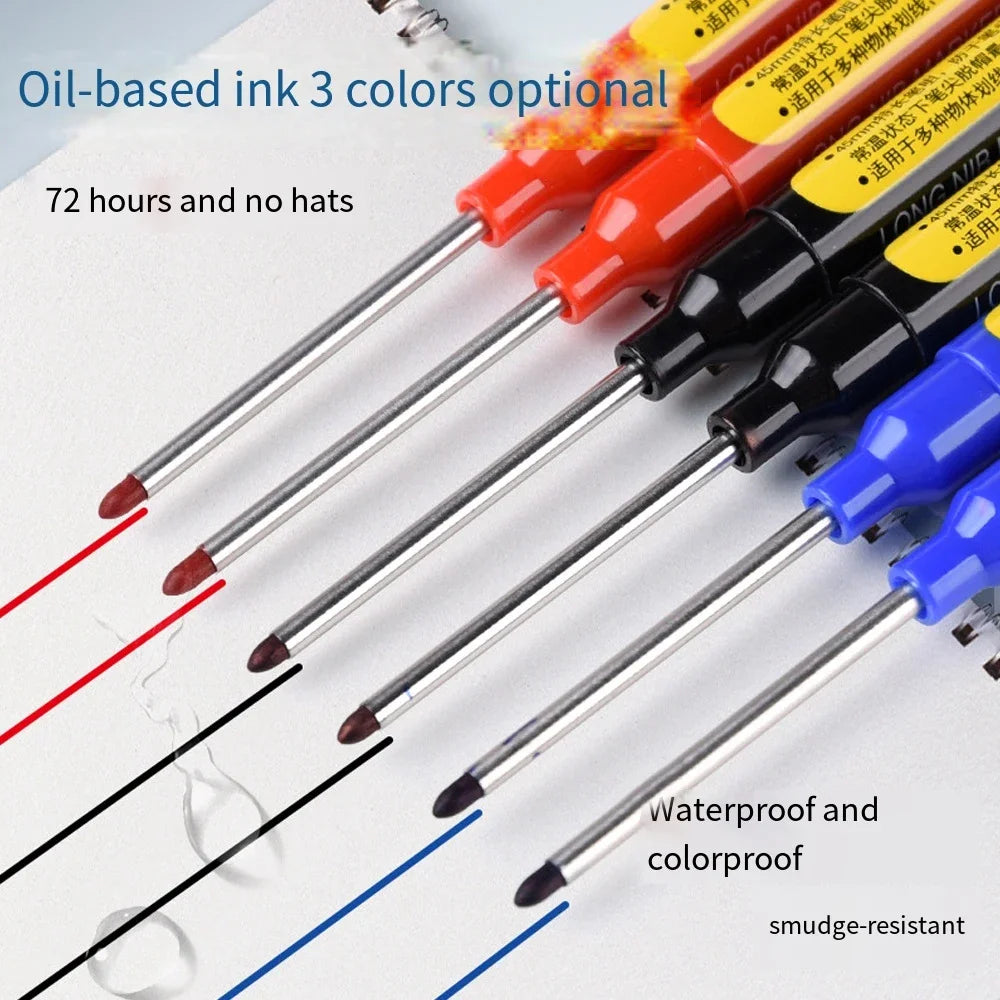 1-12Pcs Multi-Purpose 45mm Deep Drill Hole Long Nib Waterproof Marker Pens for Bathroom Woodworking Long Head Carpenter Pen