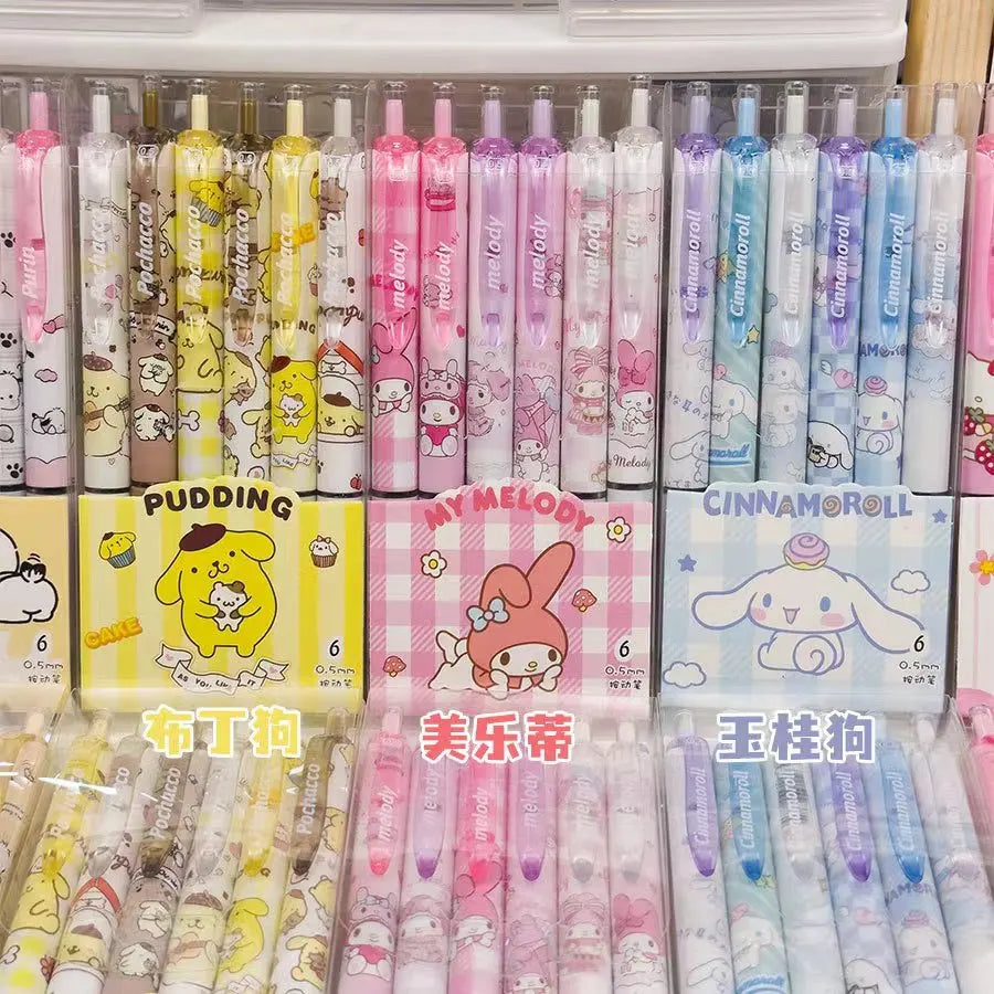 6pcs Cartoon Kuromi Writing Pen Kawaii Hello Kitty Cinnamoroll Melody 0.5mm Quick Drying ST Gel Pen Student School Stationery