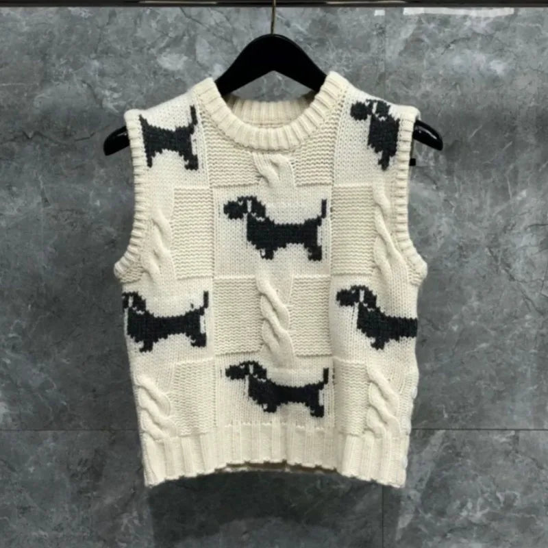 Autumn New Women's Clothing Korean Wear Lazy Wind Soft Waxy Gentle Atmosphere Contrasting Color Puppy Knitted Vest