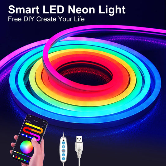 Neon LED Strip Light 1/2/3M Silicone Neon Rope Light Music Sync DIY APP MeRGBW Multicolor Chasing Strip Tape for Room Wall Decor