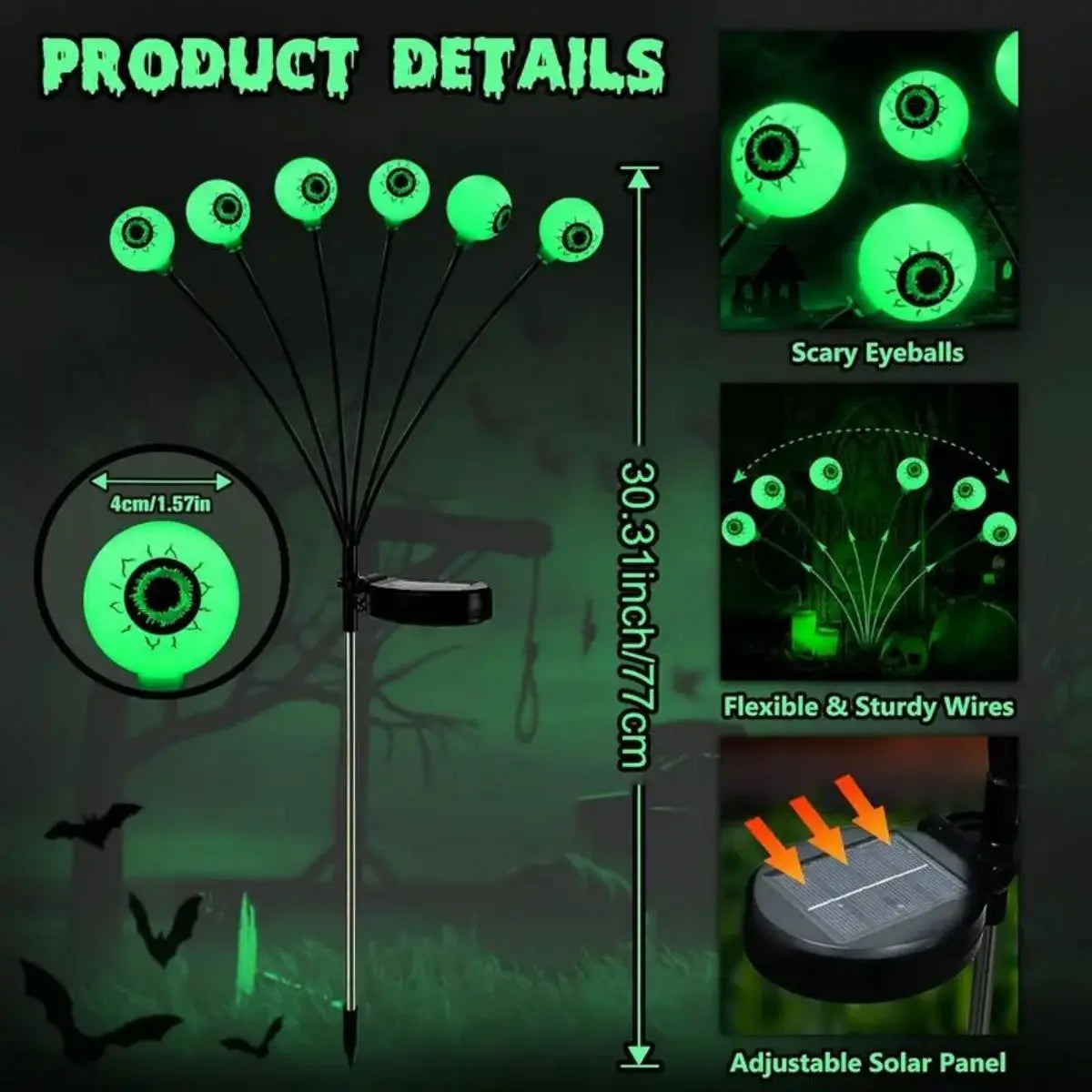 Halloween solar LED eye light decoration - green luminous eye post, flexible firefly effect, eerie outdoor decoration