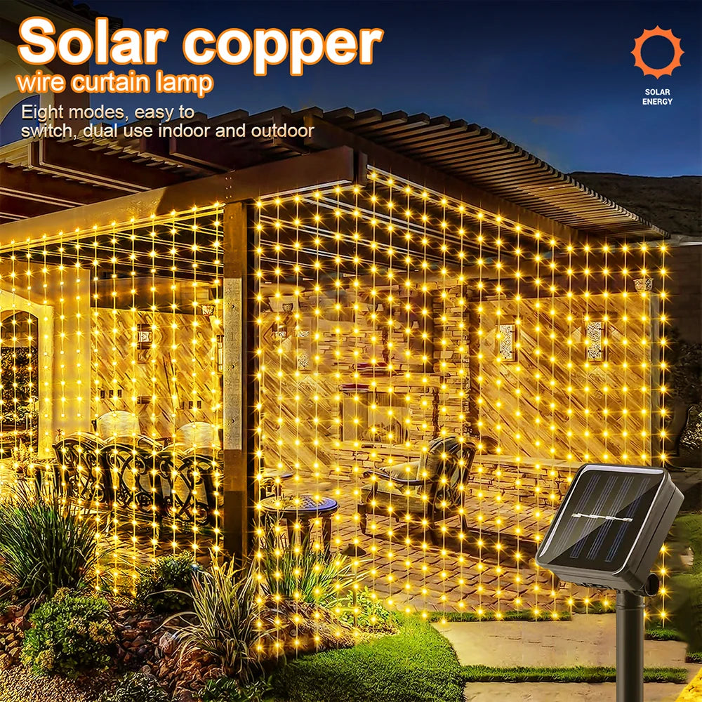 Solar LED Curtain Light Outdoor Garland Solar Fairy String Light Pavilion Garden Party Holiday Christmas Decor Copper Wire Lamps