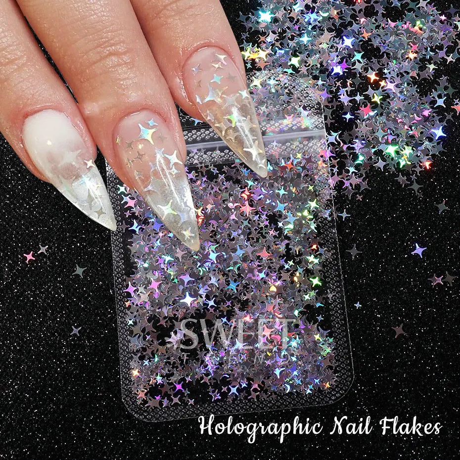 Sparkly Laser Star Nails Glitter Sequins Holographic Silver Bright Slices Spangles DIY Charm Flakes Decor Accessories Paillettes