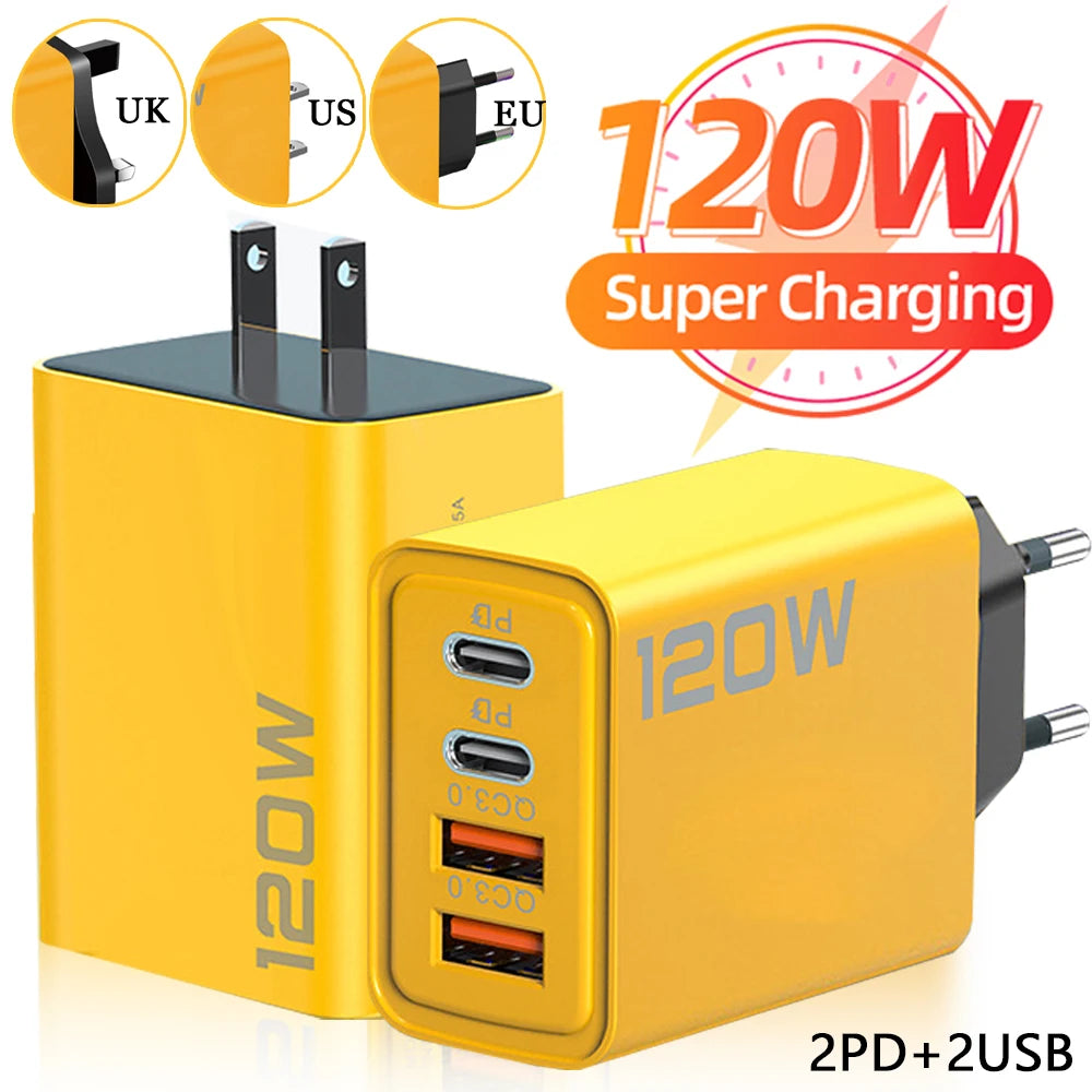 Fast Charging 120W 4 Ports Mobile Phone Charger QC USB Type C Chargers Dual PD 3.0 Wall Adapter EU US Plug for IPhone15 Xiaomi