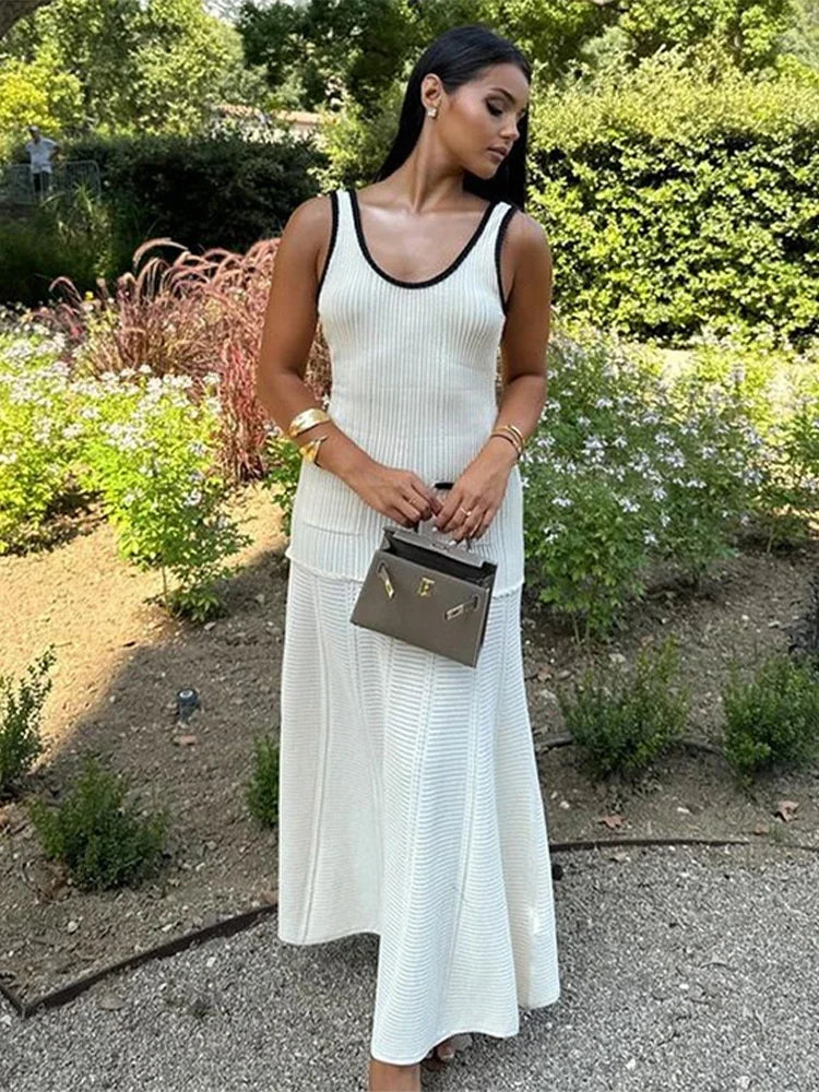 Fashion Patchwork Knitted Long Dress for Women Chic Sleeveless High Waist A-line Dresses 2024 Autumn New Lady Female Pocket Robe