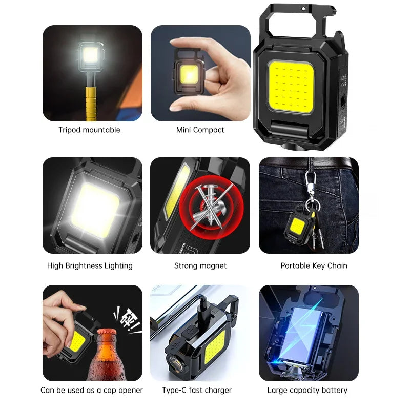 Mini Flashlight Keychain Light COB Work Light USB Rechargeable Lamp with 90° Foldable Side Lights Super Bright Portable Lanterns