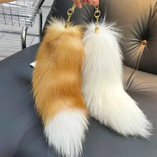 2024 Faux Fox Fur Tail Large Long Natural Fur Tail Keychain Pendant Huge Fluffy Cosplay Tail Cute Wolf Fox Tail Fur Car Keychain