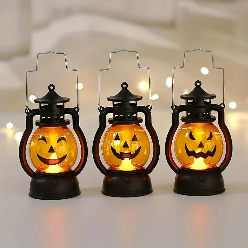 Halloween Hanging Pumpkin Lantern Light LED Ghost Lamp Candle Light Retro Small Oil Lamp Halloween Party Home Decor Horror Props