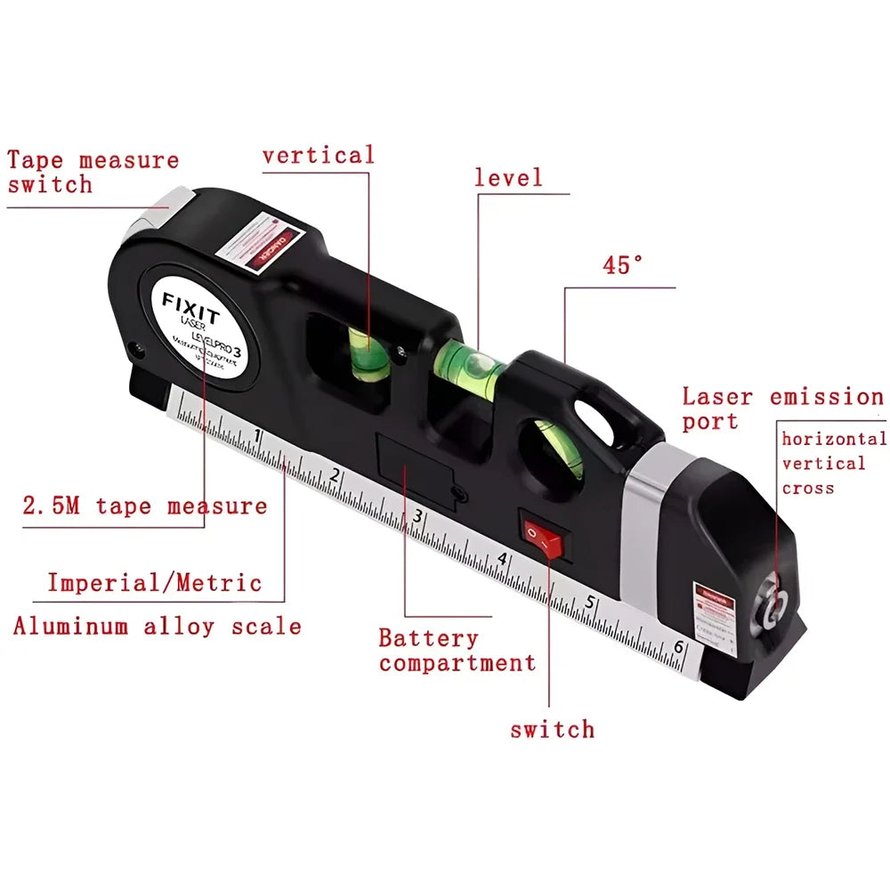 Laser Level Multipurpose Line Laser Leveler Tool Cross Line Lasers with 8FT 2.5M Standard Measure Tape and Metric Rulers